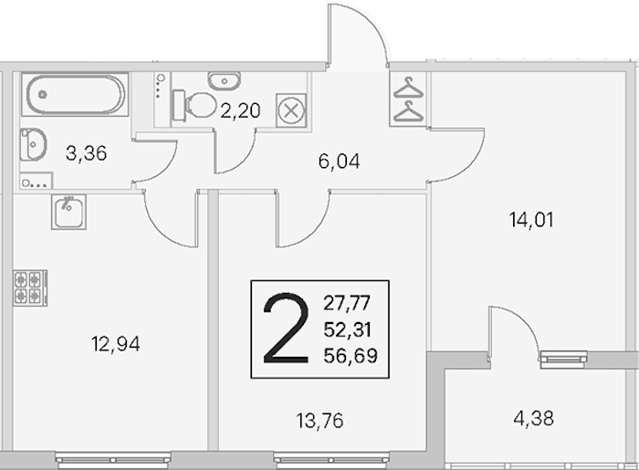 2-комнатная квартира 52.31 м², 3/4 эт., ЖК «Любоград в Стрельне»